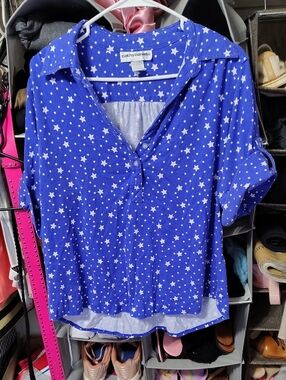 Cathy Daniels Royal Blue Star-Print Button Front Top